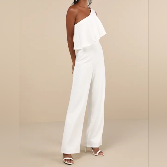 Lulus Flawless Vibes White One-Shoulder Tiered Wide-Leg Jumpsuit, Size Medium - Picture 4 of 10